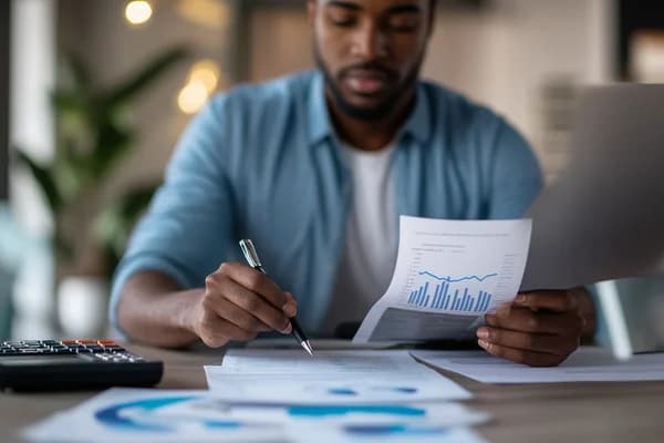 Person reviewing financial documents showing credit improvement progress