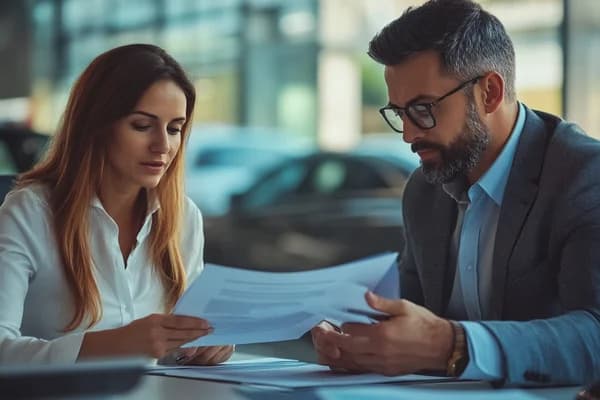 Professional customer reviewing premium financing options with finance manager
