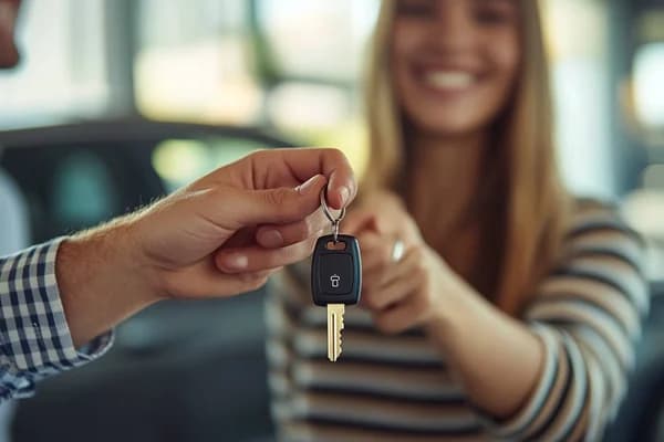 Young professional receiving car keys from dealership representative, celebrating first car purchase