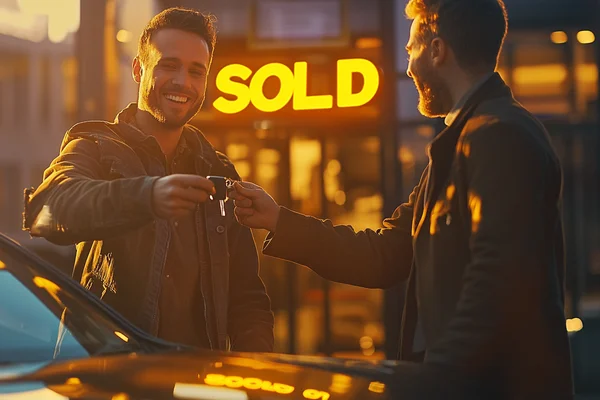 Happy customer receiving keys to their new vehicle with sold sign visible